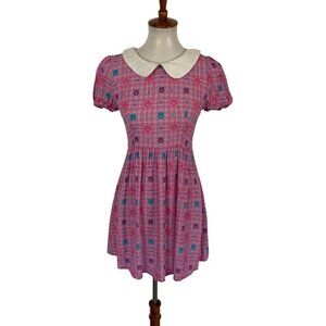 Dolls Kill Care Bears Dress Small Pink Plaid Skater Puff Sleeve Y2K